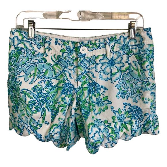Lilly Pulitzer Buttercup Shorts Size 0 Blue Green Floral Pattern Scalloped Hem - Picture 1 of 9